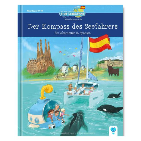 „Der Kompass des Seefahrers: Ein Abenteuer in Spanien“. Illustration mit Booten, Walen und spanischer Landschaft im Hintergrund.