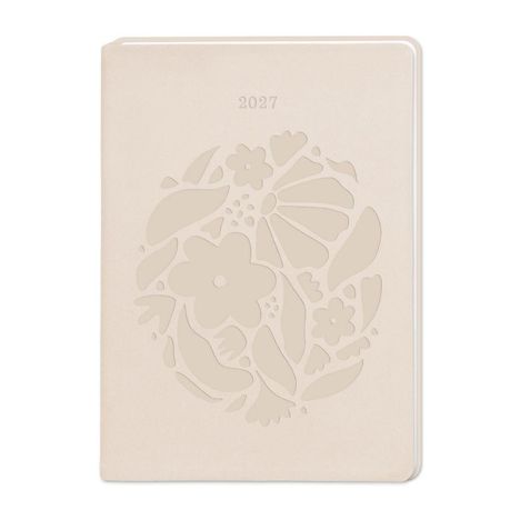 Text "2027". Beige Notizbuch mit floralem Muster auf dem Cover.