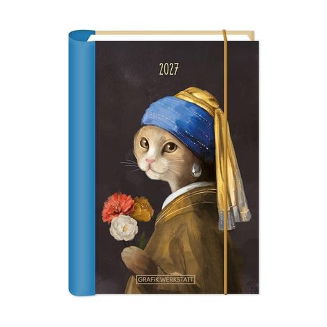 "2027" auf einem Buchcover; Illustration einer Katze als Mädchen mit dem Perlenohrring, Blumen in der Schale.