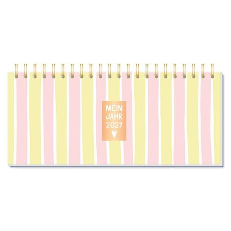 „MEIN JAHR 2027“ in einem Rahmen auf rosafarbenem und gelbem Streifenhintergrund, Spiraloberteil.