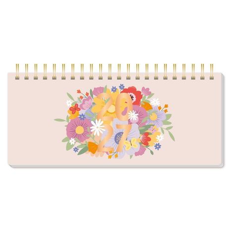 "2027" in großen, bunten Ziffern vor einem Hintergrund aus floralen Illustrationen. Spiralbindung oben.