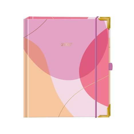Text: "2027". Ein buntes Tagebuch mit rosa, orange und roten abstrakten Formen, Gummiband und goldenen Ecken.