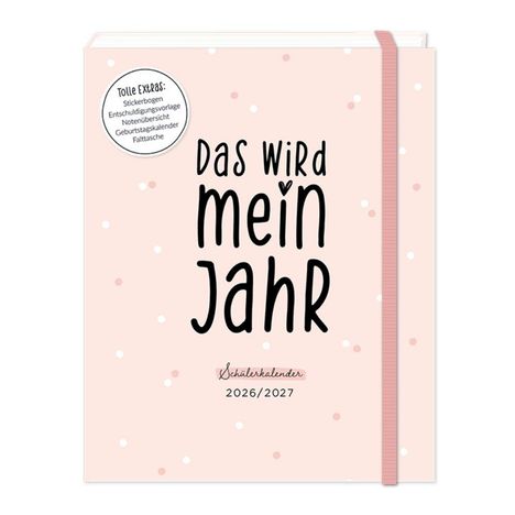 „Das wird mein Jahr“ steht groß auf einem rosafarbenen Kalender für 2026/2027 mit weißen und rosa Punkten.