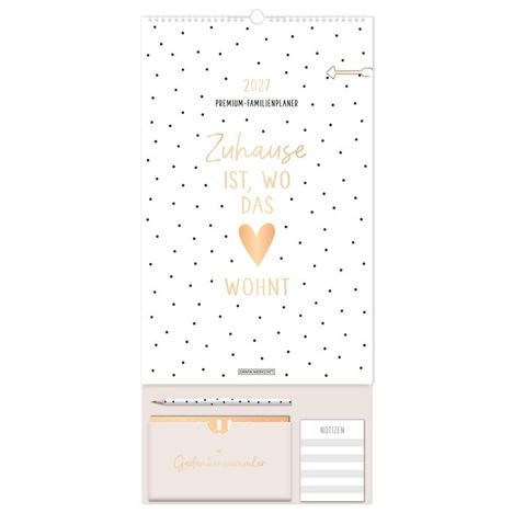 2027 Premium-Familienplaner. "Zuhause ist, wo das Herz wohnt." Weiße Oberfläche mit schwarzen Punkten.