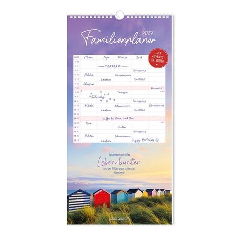 "Familienplaner 2027" mit Kalender und Events. "Zusammen wird das Leben bunter und der Alltag zum schönsten Abenteuer."