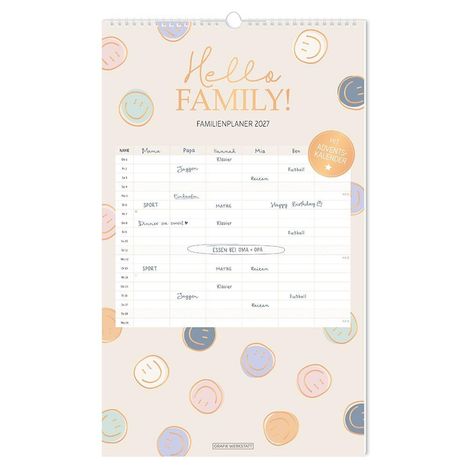 Familienplaner 2027 mit Kalender und Aktivitäten. Fröhliche Gesichter in Pastellfarben als Hintergrund.