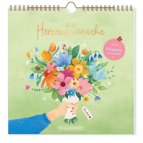 „2027 Herzenswünsche“, extra: 12 Postkarten. Illustration eines Blumenstraußes, handgehalten, mit „für dich“-Schild.