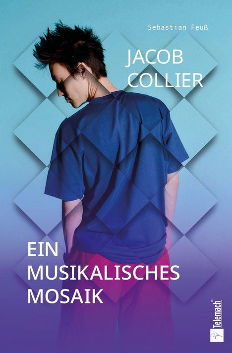Jacob Collier, ein Mann in blauer Kleidung, von hinten vor einem geometrischen, bläulich-violetten Hintergrund.