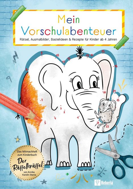 „Mein Vorschulabenteuer“ oben mittig. Farbiger Elefant mit gepunkteten Konturen, rotem Buntstift und kleiner Maus.