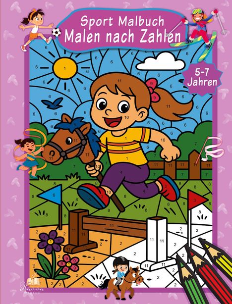 "Sport Malbuch: Malen nach Zahlen" steht oben, darunter eine Illustration: Kind springt mit Pferd, umgeben von Farben und Zahlen.