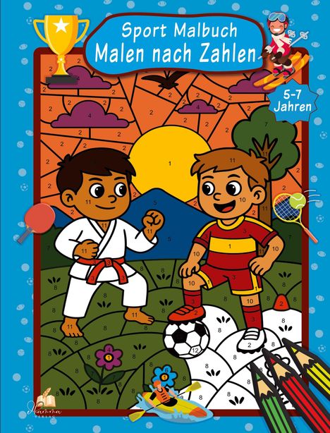 "Sport Malbuch. Malen nach Zahlen. 5-7 Jahren." Zwei Kinder in Sportkleidung, Nummern zum Ausmalen, bunte Umrandung.