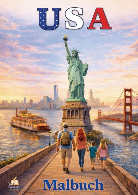 USA Malbuch. Illustration der Freiheitsstatue, einer Familie und ikonischer US-Landschaft mit Fluss und Brücke.