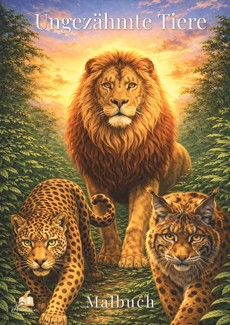 "Ungezähmte Tiere" und "Malbuch". Ein Löwe, Leopard und Luchs schreiten aus einem dichten Wald in der Abenddämmerung.