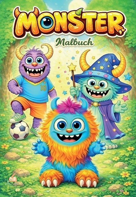 Text: "MONSTER Malbuch". Drei bunte, fröhliche Monster in einem Wald mit einem Fußball und Zauberstab. Verspielte Atmosphäre.