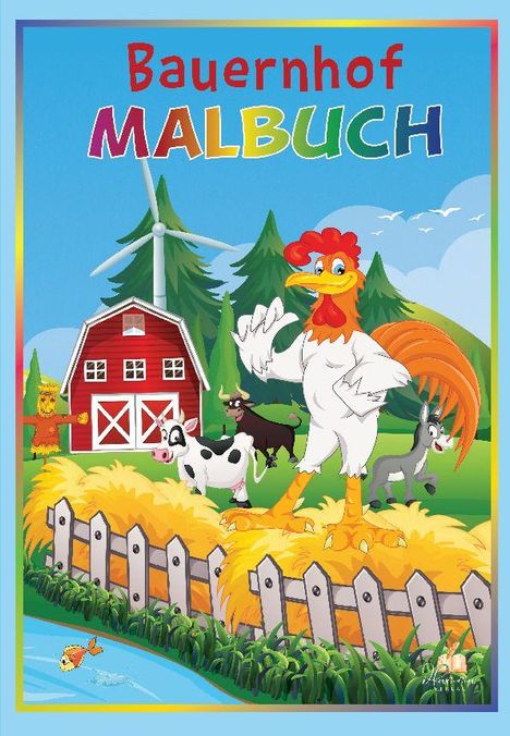 "Bauernhof Malbuch" steht oben, darunter ein Hahn, eine Scheune, Tiere, Heuballen, ein Zaun, Bäume und ein Teich.