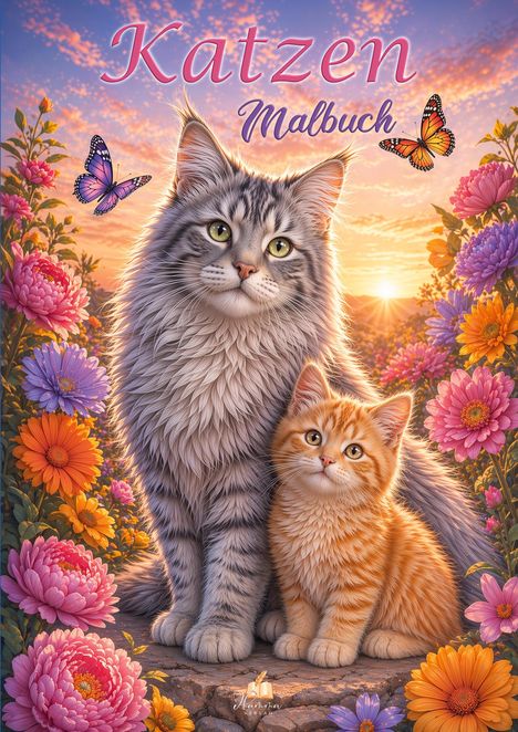 "Katzen Malbuch" zeigt eine Katz und ein Kätzchen, umgeben von bunten Blumen und zwei Schmetterlingen im Sonnenuntergang.