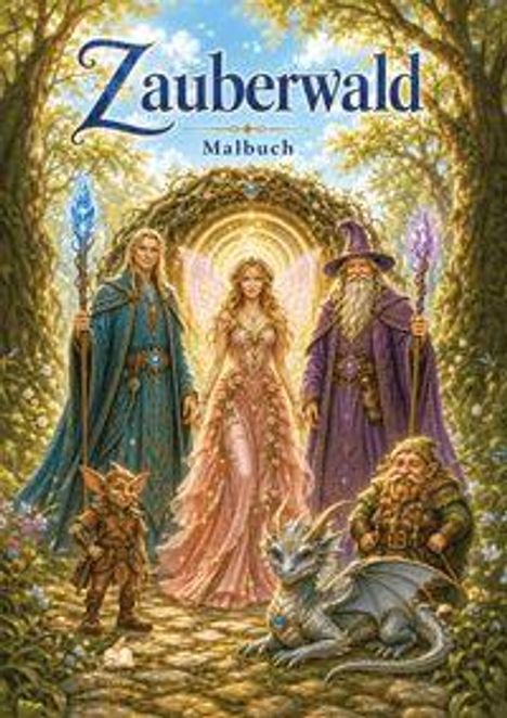 "Zauberwald Malbuch". Fantastische Szene mit Elfen, Zauberern und einem kleinen Drachen in einem Wald aus Licht.