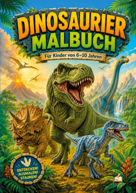 "Dinosaurier Malbuch", "Für Kinder von 6-10 Jahren", "Entdecken! Ausmalen! Staunen!". Illustration von Dinosauriern.