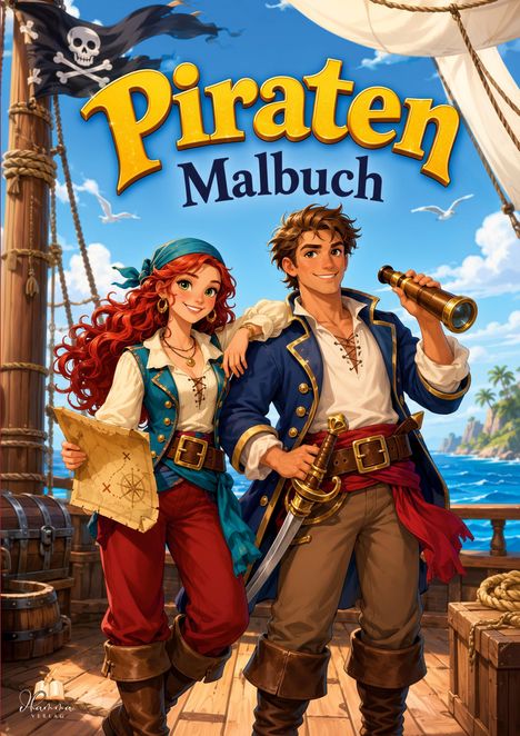 „Piraten Malbuch“; Illustrationen von einem Piratenpaar auf einem Schiff, mit Schatzkarte und Fernrohr, Meereshintergrund.