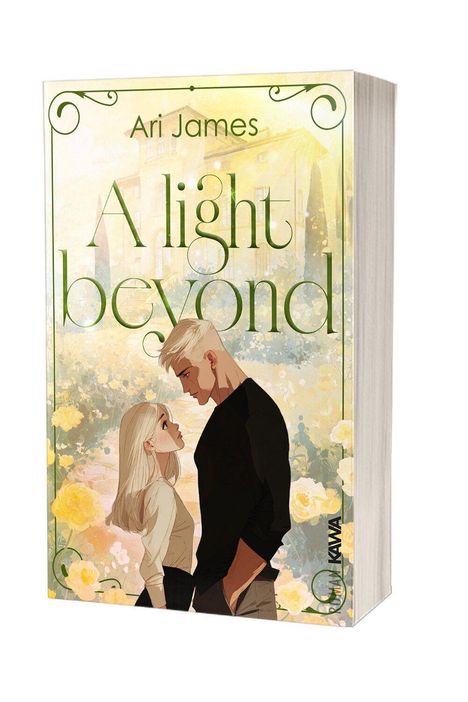 Text: Ari James, A light beyond. Illustration: Ein Mann und eine Frau stehen sich nah gegenüber, umgeben von gelben Rosen.