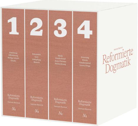 Vier Bände der "Reformierte Dogmatik" von Herman Bavinck mit den Hauptthemen: Offenbarung, Gott, Sünde, Errettung.