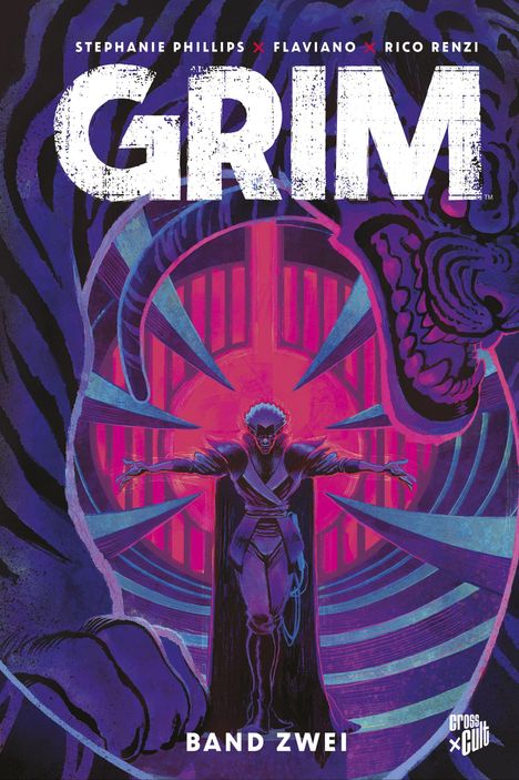 "GRIM, Band Zwei" steht in großen Buchstaben. Illustration: Figur in dunklem Umhang vor leuchtendem, violetten Hintergrund.