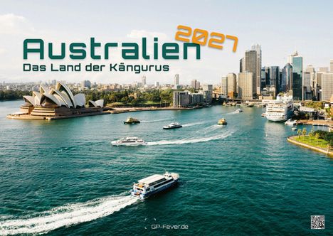 Australien 2027. Das Land der Kängurus. Stadtansicht mit Opernhaus, Wolkenkratzern und Schiffen auf blauem Wasser.