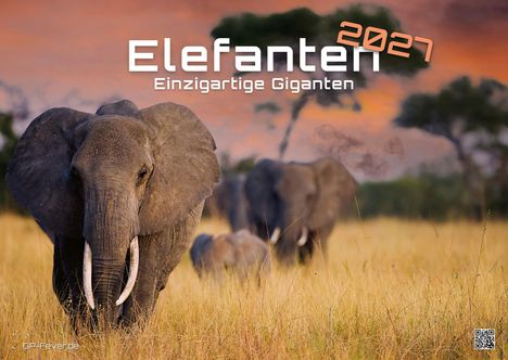 Text: „Elefanten 2027. Einzigartige Giganten.“ Ein Elefant spaziert auf einer Savanne in der Dämmerung. Bäume im Hintergrund.