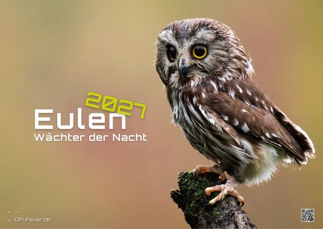 Text: "2027 Eulen Wächter der Nacht". Eine Eule sitzt aufmerksam auf einem Ast, Hintergrund unscharf.