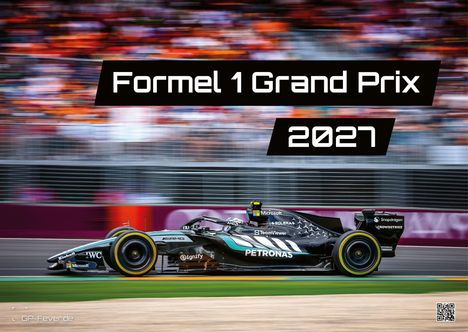 "Formel 1 Grand Prix 2027." Ein Rennwagen in voller Fahrt, dynamischer Hintergrund.