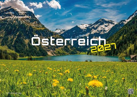 "Österreich 2021" vor Alpenkulisse mit blühender Wiese und blauem Himmel im Hintergrund.