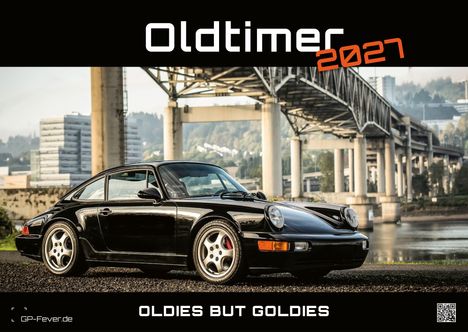 „Oldtimer 2027“, „OLDIES BUT GOLDIES“. Ein schwarzer Oldtimer-Porsche steht vor einer großen Brücke.