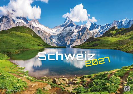 Text: "Schweiz 2027". Berglandschaft mit See, grünen Wiesen und schneebedeckten Gipfeln unter blauem Himmel.