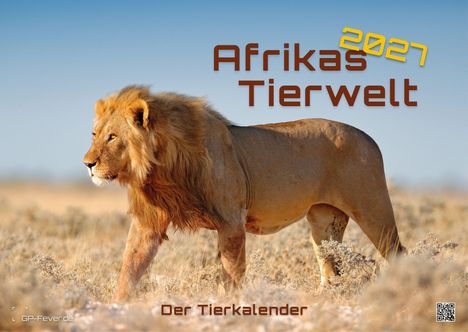Text: Afrikas Tierwelt 2027, Der Tierkalender. Ein Löwe läuft durch eine trockene Landschaft, im Hintergrund blauer Himmel.