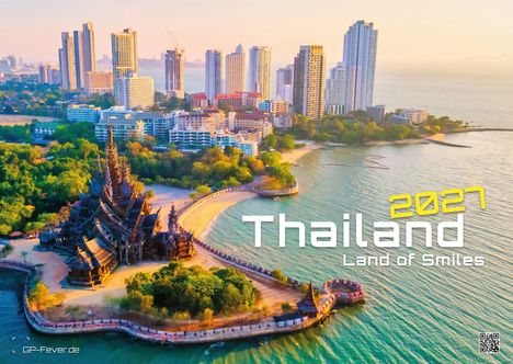 Texts: "Thailand 2027 Land of Smiles." 
Illustration: Küstenlandschaft mit Tempel, vielen Bäumen und modernen Hochhäusern im Hintergrund. QR-Code sichtbar.