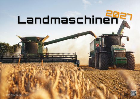 Text: "Landmaschinen 2027". Ein Mähdrescher und Traktor arbeiten auf einem Kornfeld bei Sonnenuntergang.