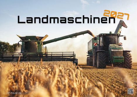 "Landmaschinen 2027". Ein Mähdrescher und Traktor arbeiten auf einem Feld. Die Sonne scheint, es ist staubig und Sommer.