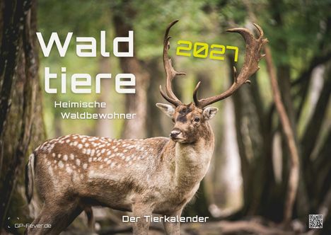 „Waldtiere 2027“ und „Heimische Waldbewohner“ sind in einem Wald mit einem Hirsch abgebildet.