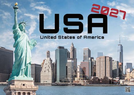 "USA 2027" und "United States of America" sind großflächig über die Skyline von New York mit der Freiheitsstatue im Vordergrund geschrieben.