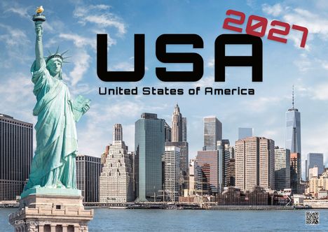 Text: "USA 2027, United States of America". Die Freiheitsstatue im Vordergrund, Skyline von New York City im Hintergrund.