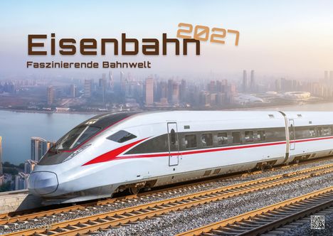 „Eisenbahn 2027: Faszinierende Bahnwelt.“ Ein moderner Hochgeschwindigkeitszug auf Gleisen, Stadt im Hintergrund.