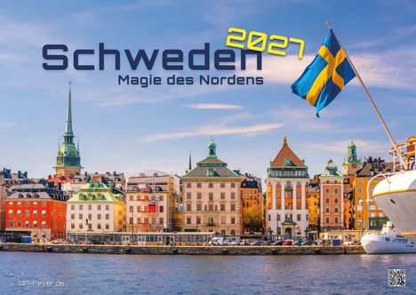 „Schweden 2027, Magie des Nordens“. Ein Hafen mit farbigen Gebäuden und einer schwedischen Flagge im Vordergrund.