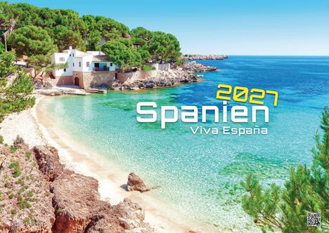 "2027 Spanien, Viva España" in weißer Schrift auf türkisfarbenem Meer, daneben Felsen, Pinien und weiße Häuser am Strand.