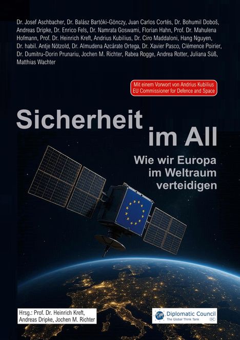 "Sicherheit im All: Wie wir Europa im Weltraum verteidigen." Satellit über beleuchtetem Europa, EU-Flagge, Logos und Autorennamen.