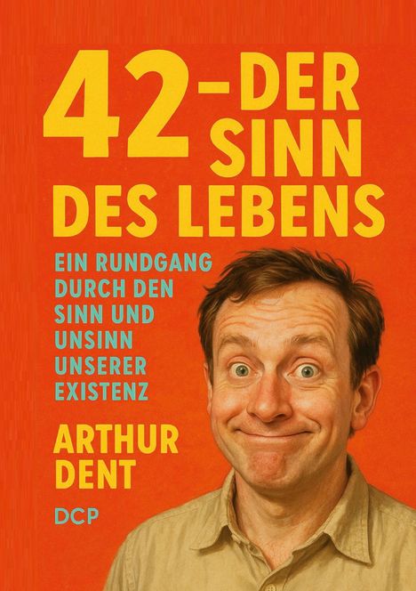 „42 – DER SINN DES LEBENS“ steht in großen, gelben Buchstaben. Eine Person lächelt breit.