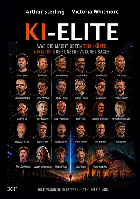 Aufschrift: "KI-ELITE", "Was die mächtigsten Tech-Köpfe wirklich über unsere Zukunft sagen". Darunter Porträts von 26 Personen.