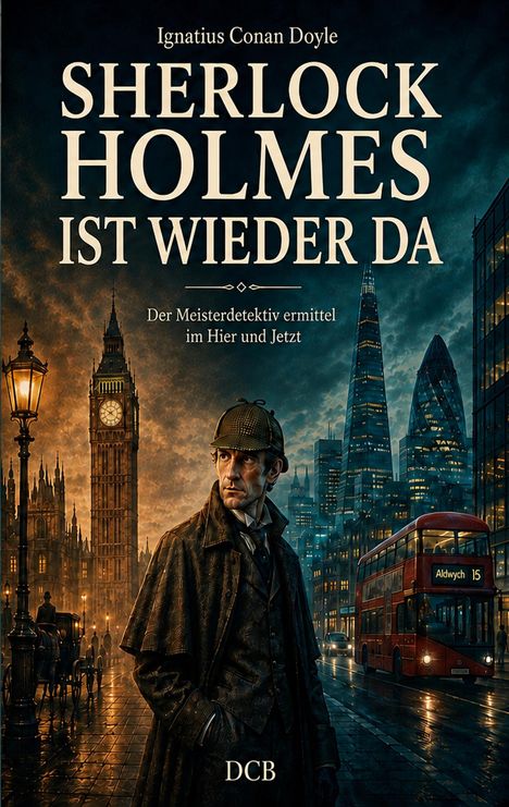 „Sherlock Holmes ist wieder da. Der Meisterdetektiv ermittelt im Hier und Jetzt“. Sherlock steht auf dunkler Londoner Straße.