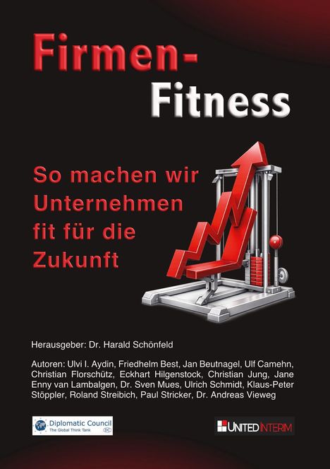 "Firmen-Fitness: So machen wir Unternehmen fit für die Zukunft" in roter und weißer Schrift. Illustration: Fitnessgerät mit Pfeilen.