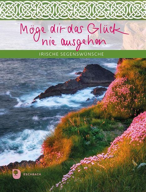 "Möge dir das Glück nie ausgehen. Irische Segenswünsche." Eine Küstenlandschaft mit blühenden Blumen und Wellen.