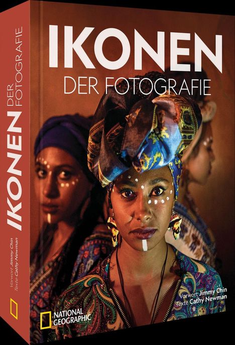 „IKONEN DER FOTOGRAFIE“ auf Buchcover. Eine Frau mit traditionellem Kopftuch, bemaltem Gesicht. National Geographic Logo.